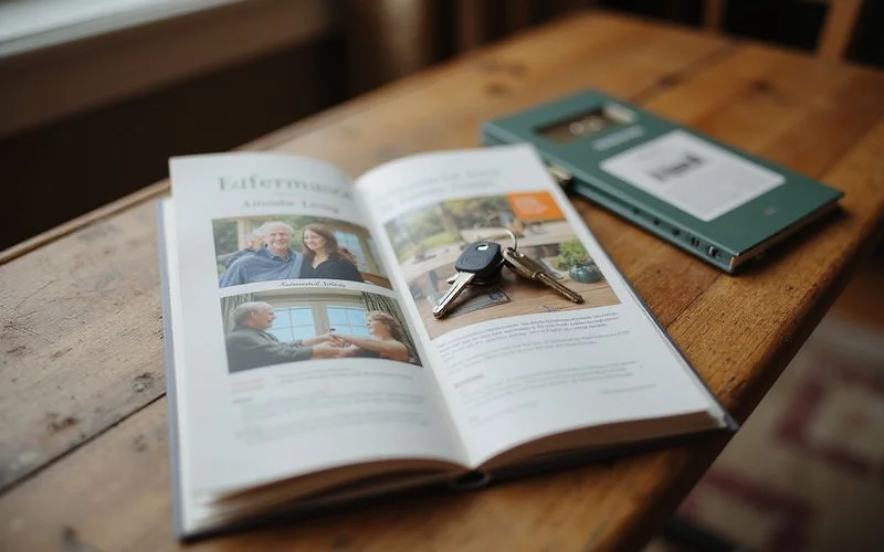 Assisted living brochure and house keys on a table