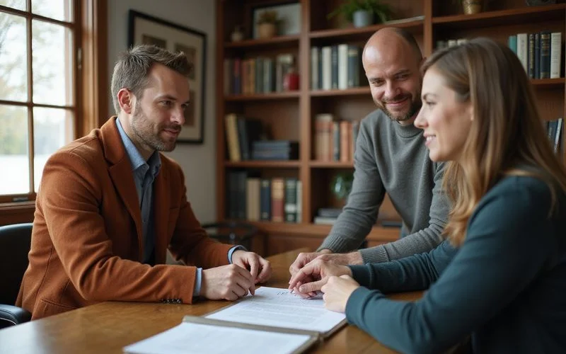 Attorney and homeowner reviewing documents in a law office
