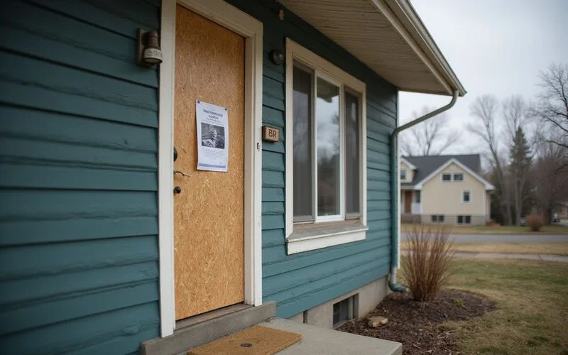 Vacant house with a city notice on the front door