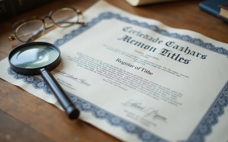 Torrens certificate of title beside a magnifying glass
