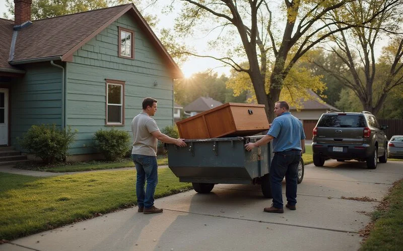 Cleanout crew carrying furniture to a dumpster