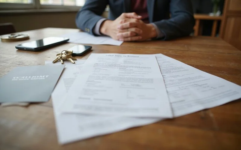 Closing table with keys, a settlement statement and a review card