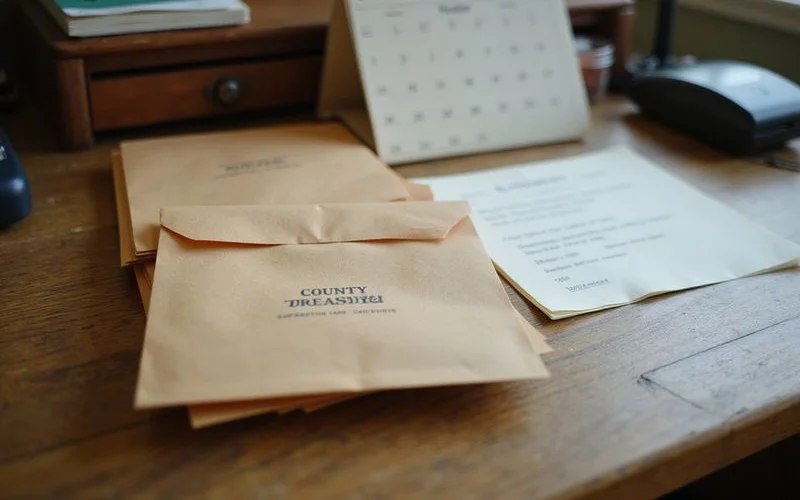 County tax notices stacked next to a calendar