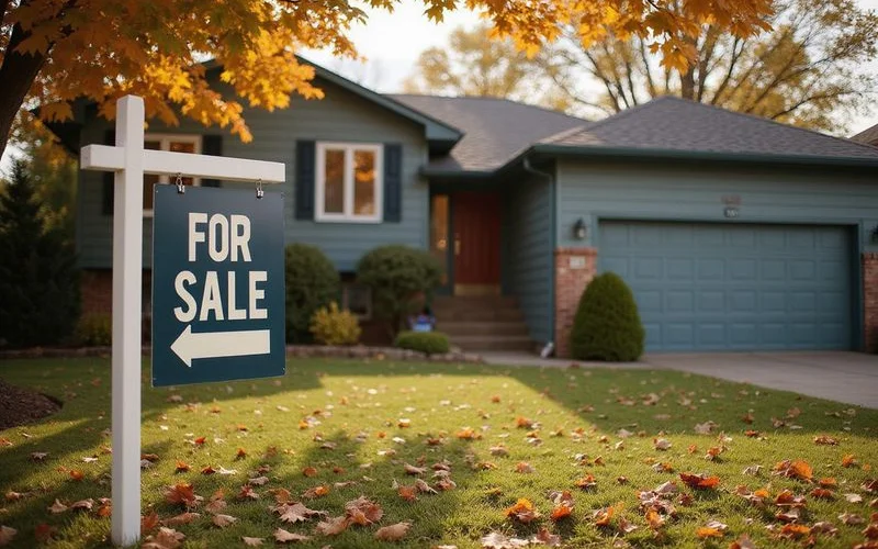 For-sale sign in front of a split-level home in fall