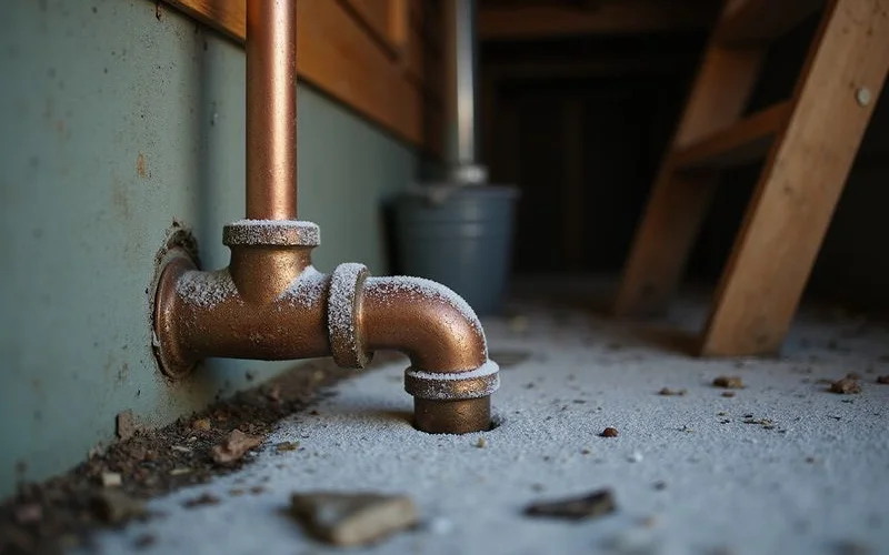 Frost on a basement water pipe in an unheated house
