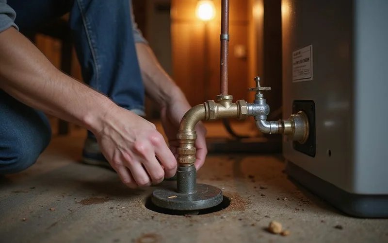Hands draining a water line near a basement water heater in an empty house