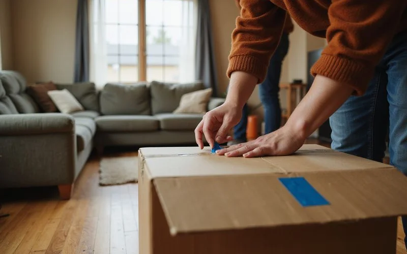 Hands taping a moving box in an emptying living room