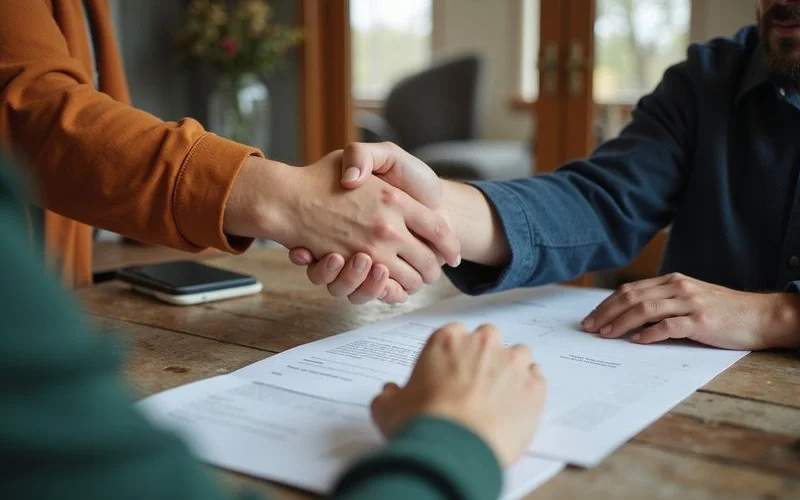Handshake over a closing folder at a title office