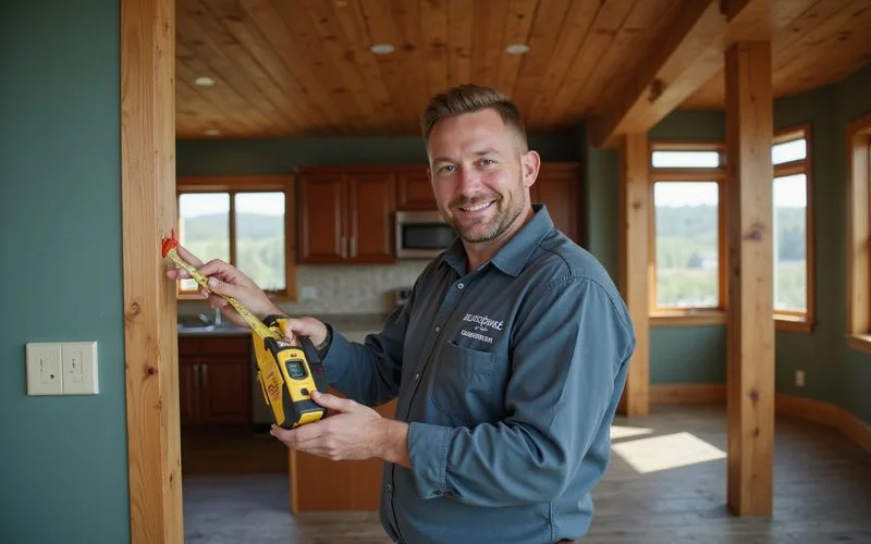 Appraiser measuring a room inside a split-level house