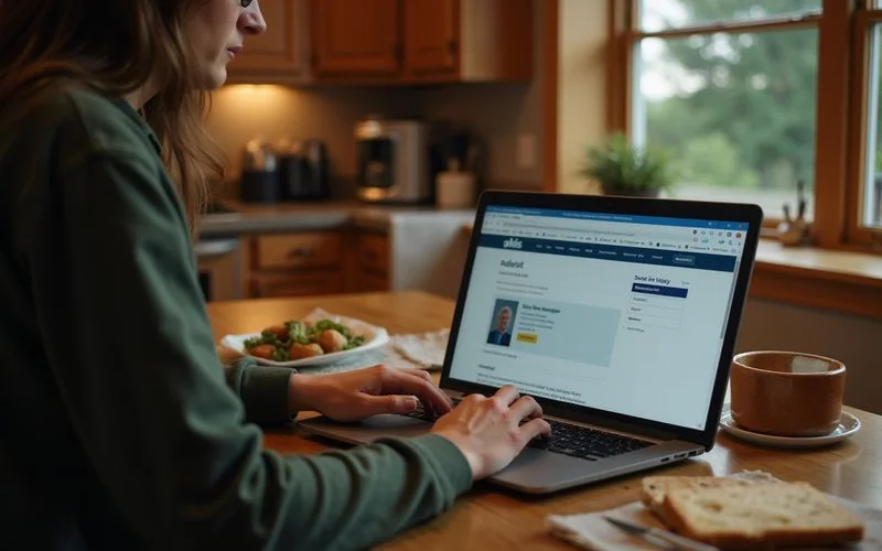 Homeowner checking a license lookup on a laptop
