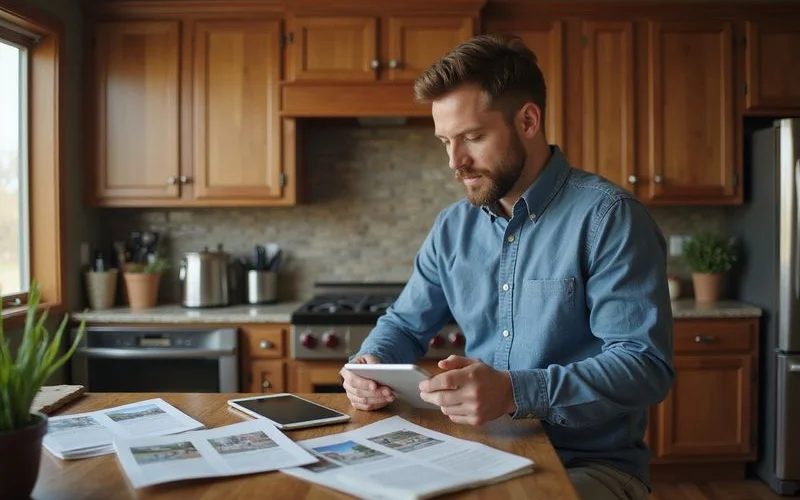 Homeowner looking at listing photos on a tablet