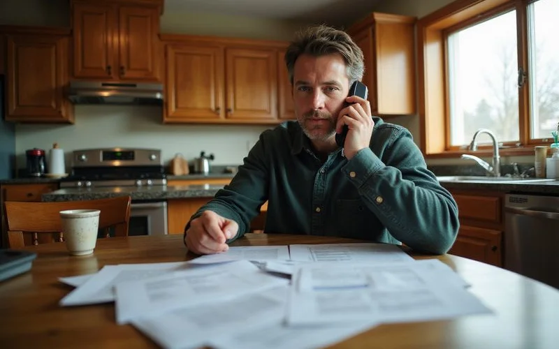 Homeowner on a phone call at a kitchen table with paperwork