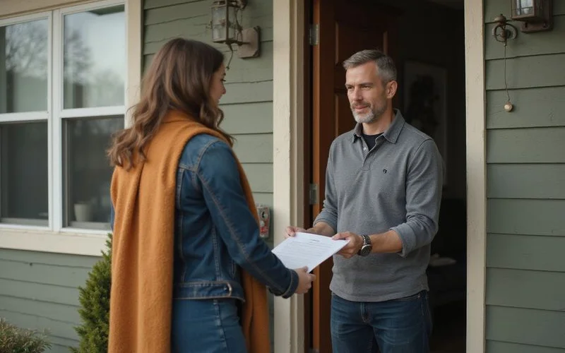 Landlord handing a notice letter at an apartment door