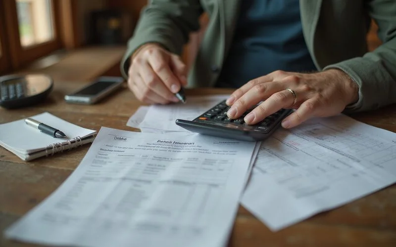 A landlord reviewing leases and a rent ledger