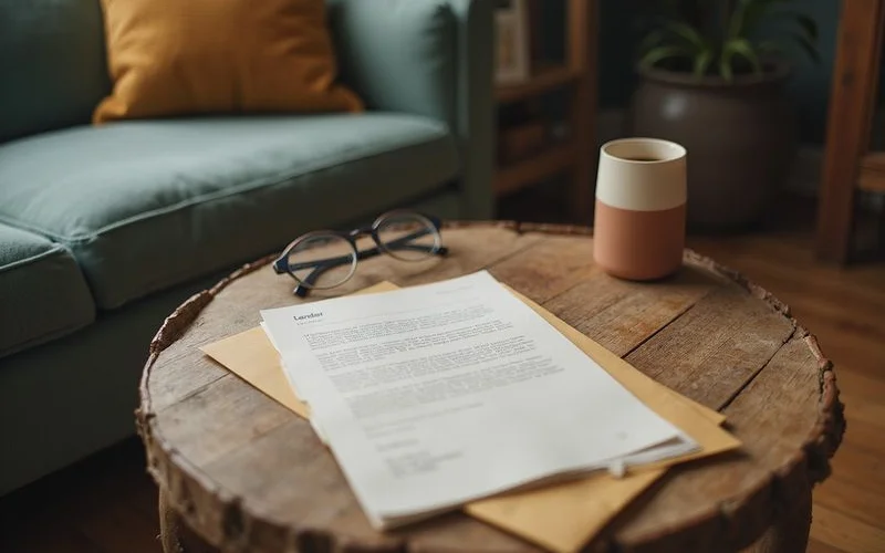 Lender letter and envelope on a side table beside reading glasses