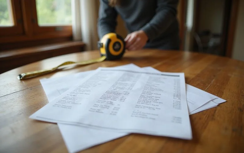 Line-item repair estimate and tape measure on a counter