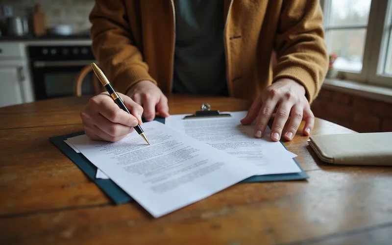 Mobile notary stamping closing documents at a kitchen table