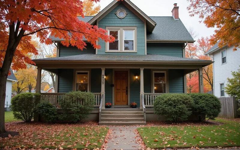 Older St. Paul house with a front porch in autumn