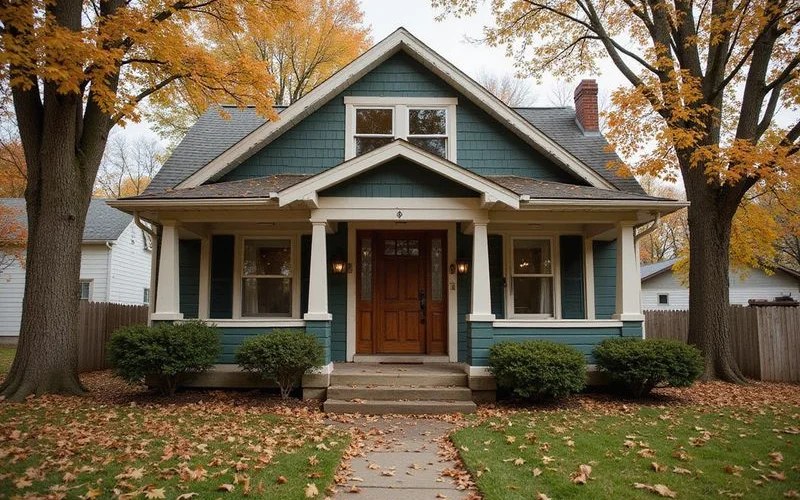 Older family home with a porch in autumn