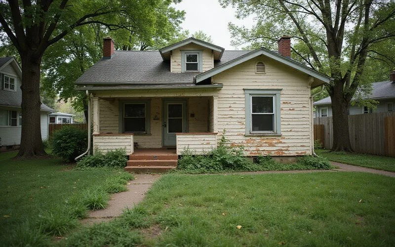 Older house with peeling paint and an overgrown yard
