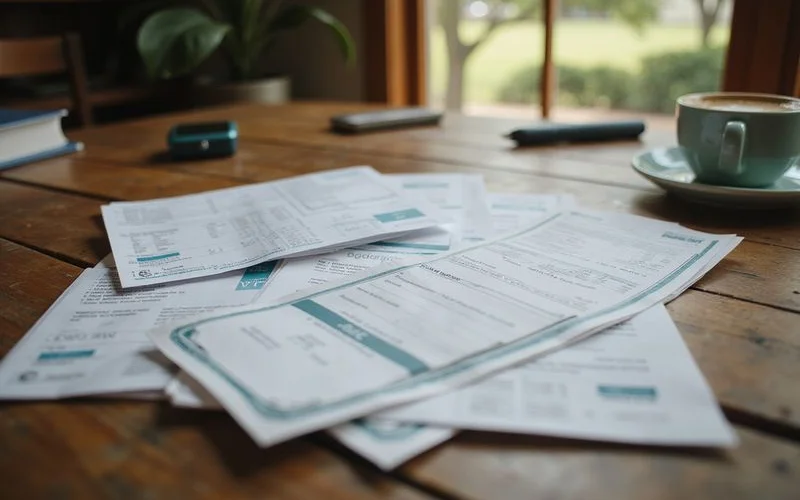 Pay stubs, bank statements and a mortgage statement organized for a refinance application