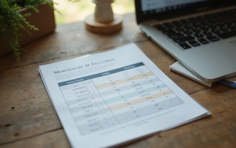 Printed comparison chart of mortgage options next to a laptop
