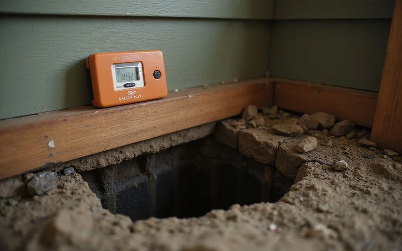 Radon test kit in a basement