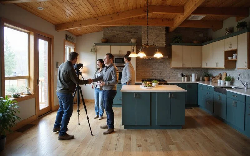 Photographer shooting a bright kitchen for listing photos