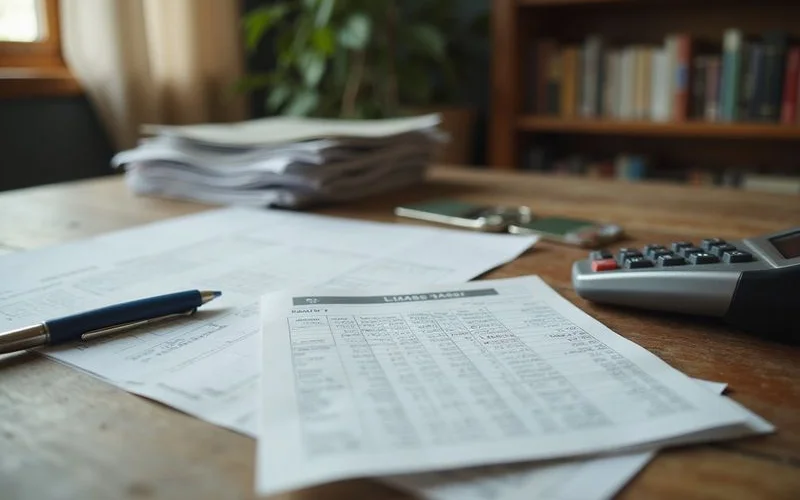 Rent ledger and calculator on a desk next to leases