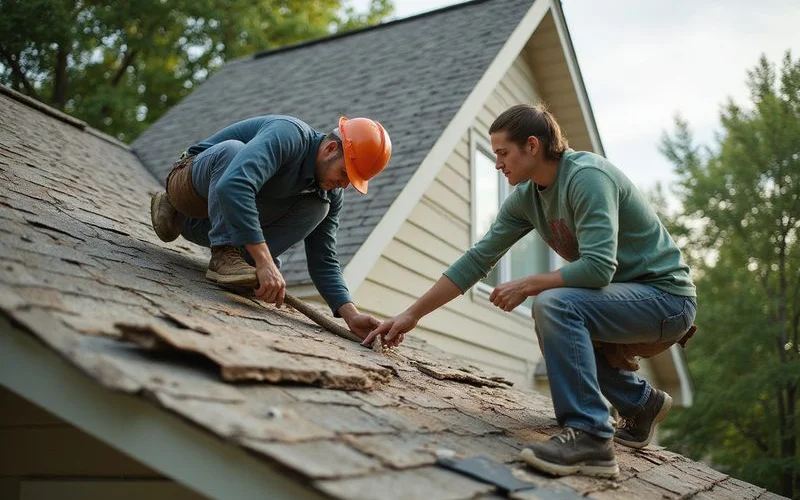 Roofer tearing off shingles on a Twin Cities house