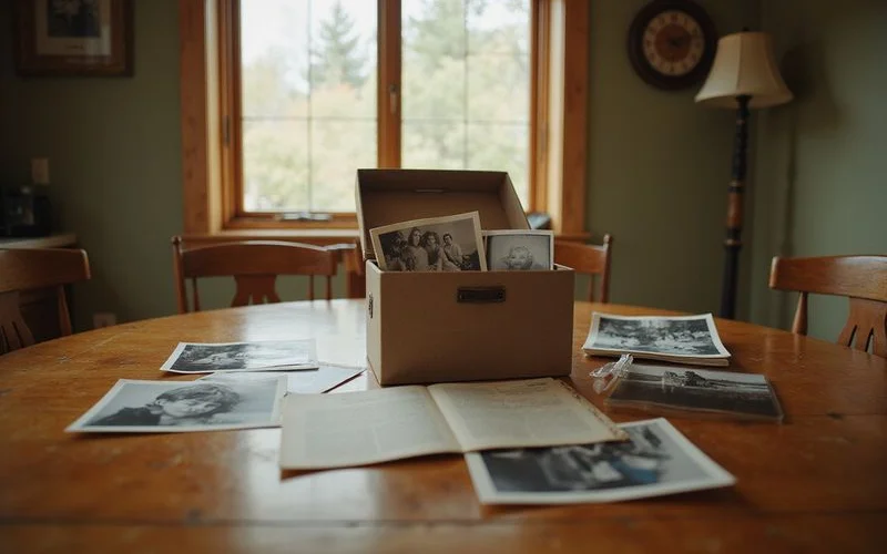 Shoebox of family photos and documents set aside on a table