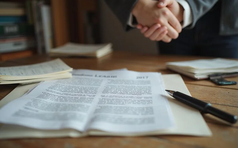 Unpaid rent notices and a lease on a landlord's desk