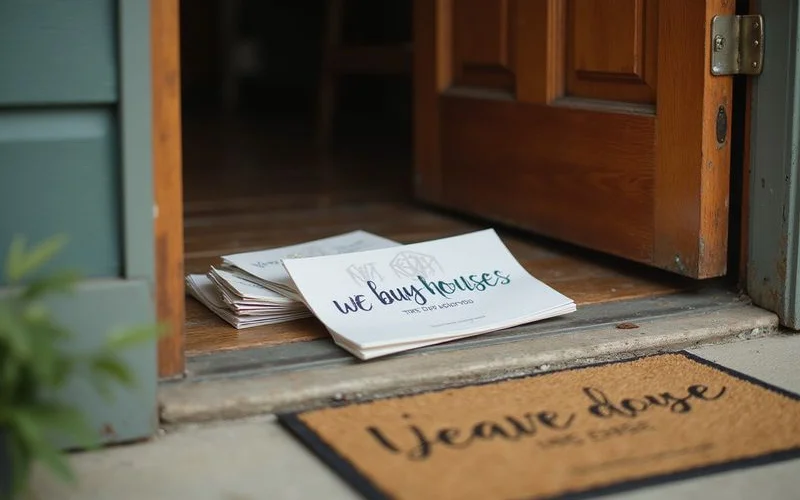 Stack of 'we buy houses' postcards on a doormat