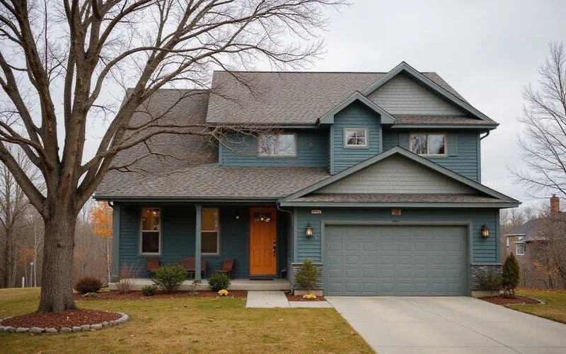 Suburban Minnesota house with a bare maple in late fall