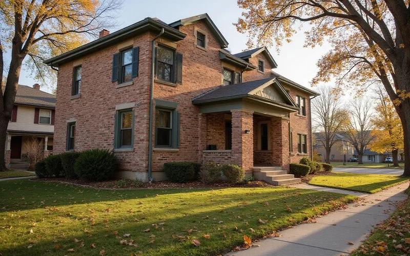 Older brick apartment building in St. Paul in autumn