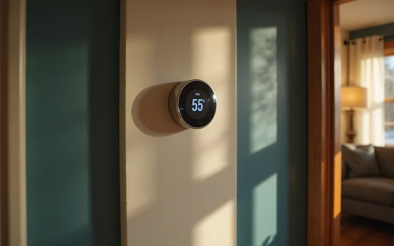 Thermostat set to 55 degrees in an empty living room