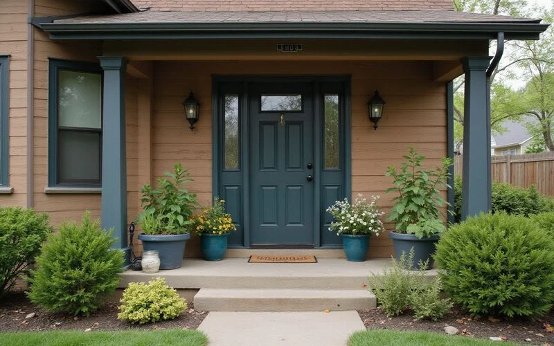 Tidy front porch of a Minneapolis bungalow with potted plants