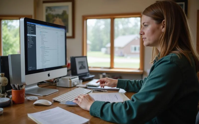A title officer reviewing recorded liens on a computer