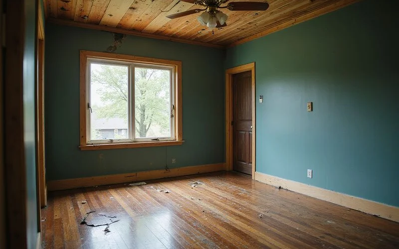 Water-damaged ceiling and floor after a burst pipe