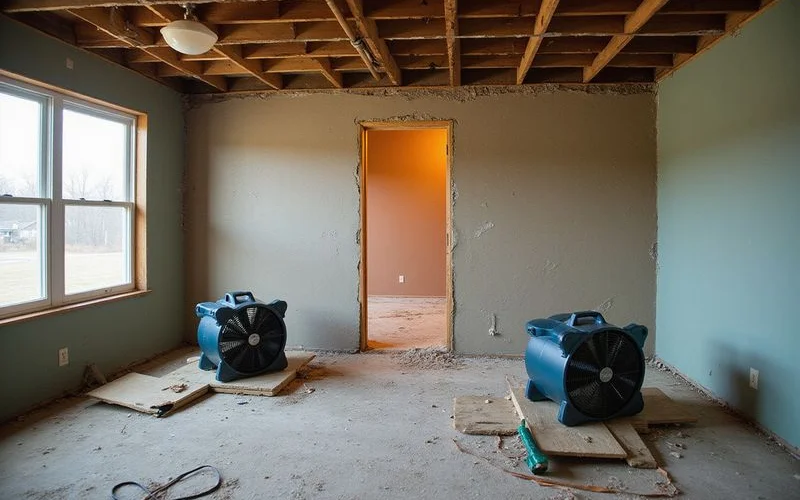 Water-damaged drywall and drying fans in a basement