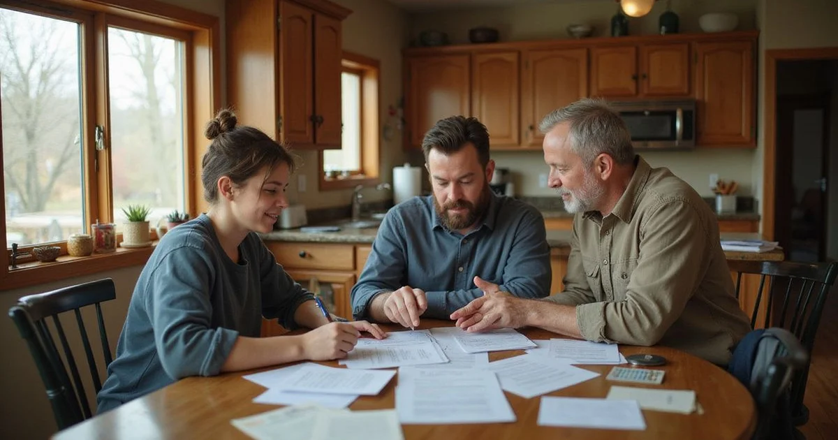 Adult child sorting a parent's paperwork at a kitchen table