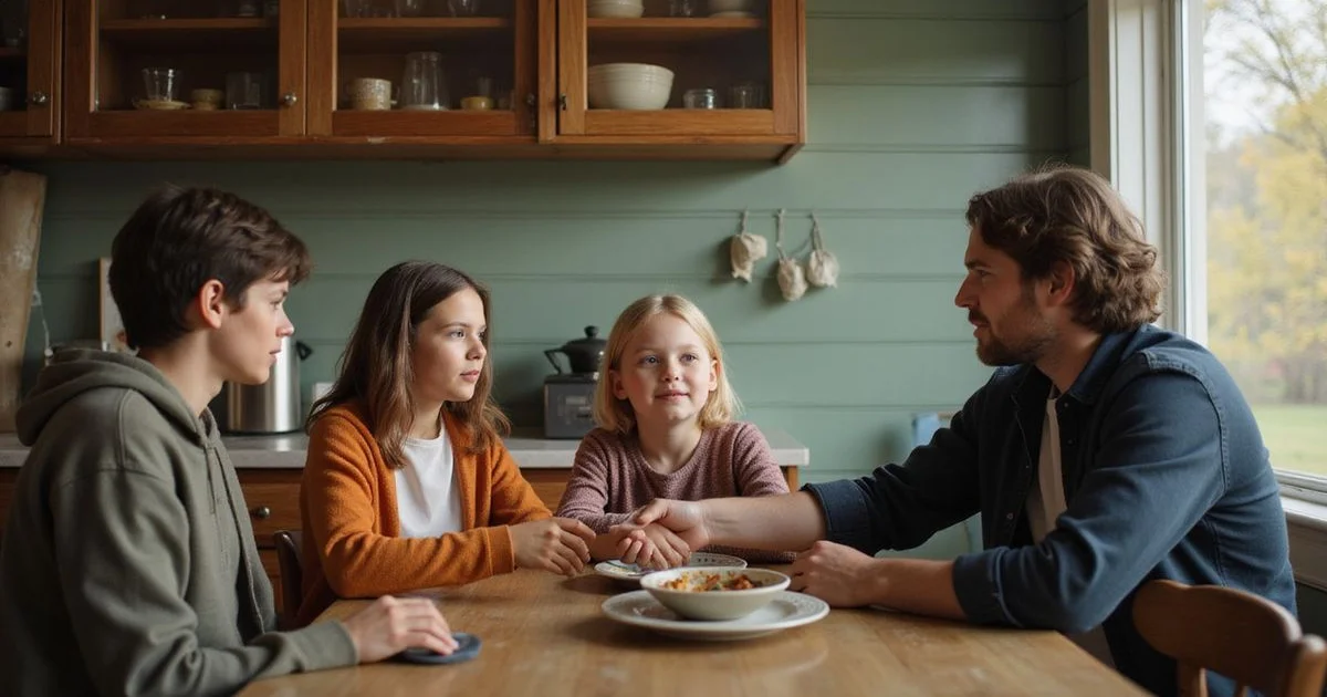 Adult siblings talking at a family kitchen table