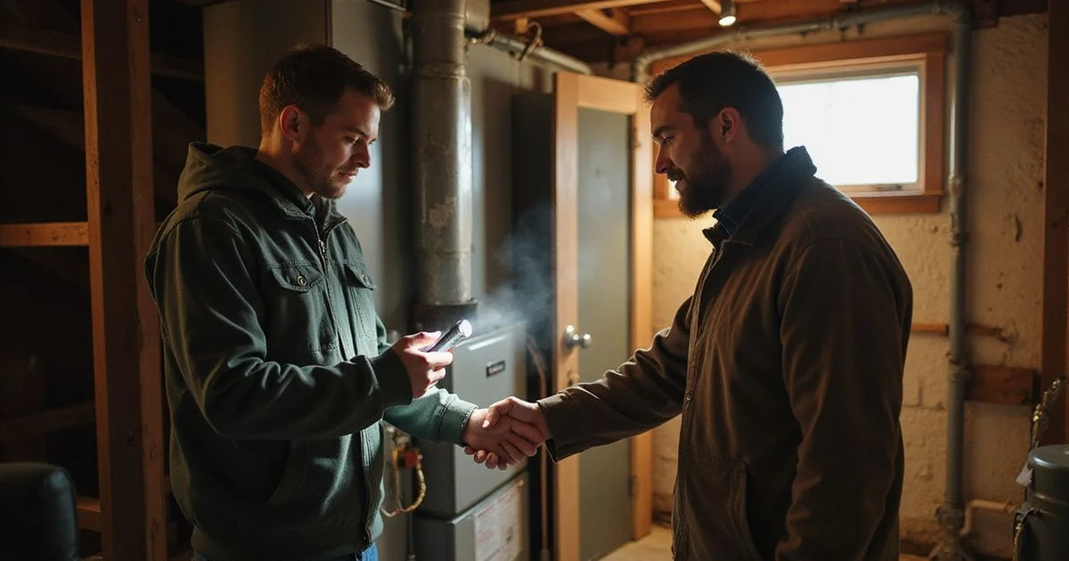 Ryan checking a furnace in a basement with the homeowner nearby
