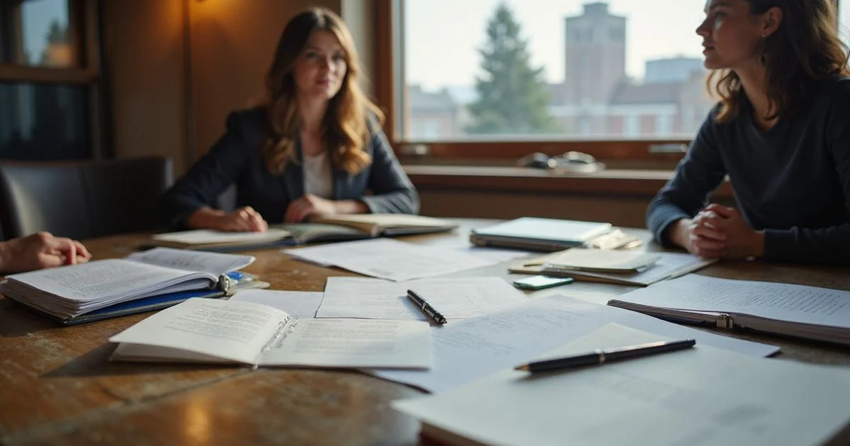 Attorney's desk with legal folders and a view of downtown Minneapolis