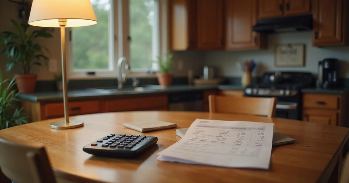Calculator and itemized statement on a kitchen table