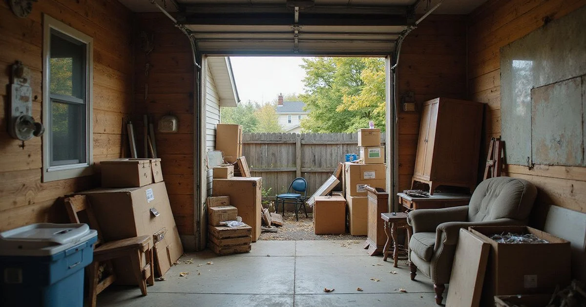 Cluttered garage full of boxes and old furniture