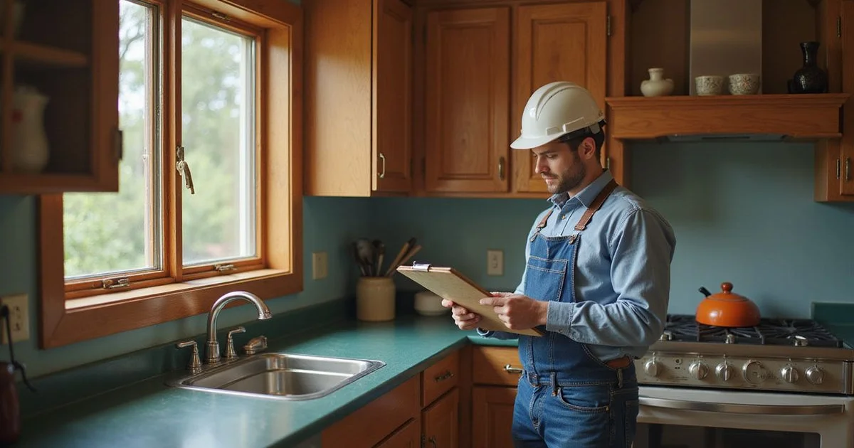 Jordan inspecting a dated kitchen with a clipboard