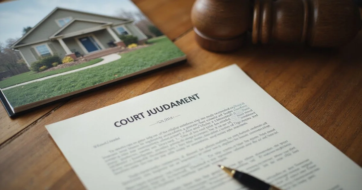 Court judgment document beside a photo of a house