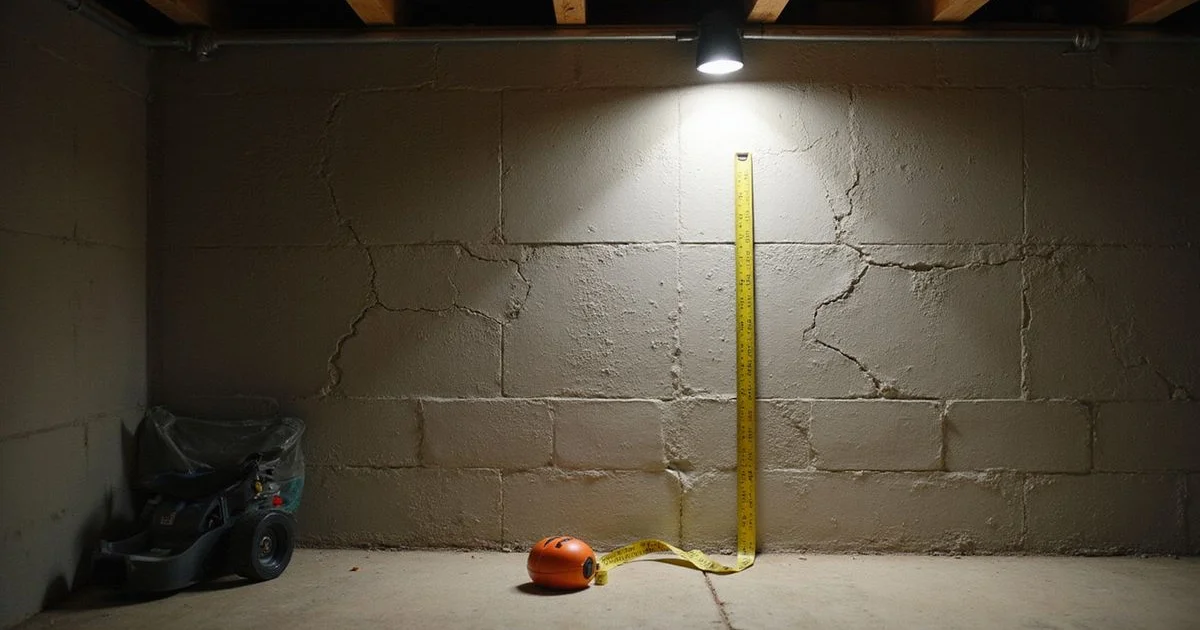 Cracked block basement wall with a measuring tape