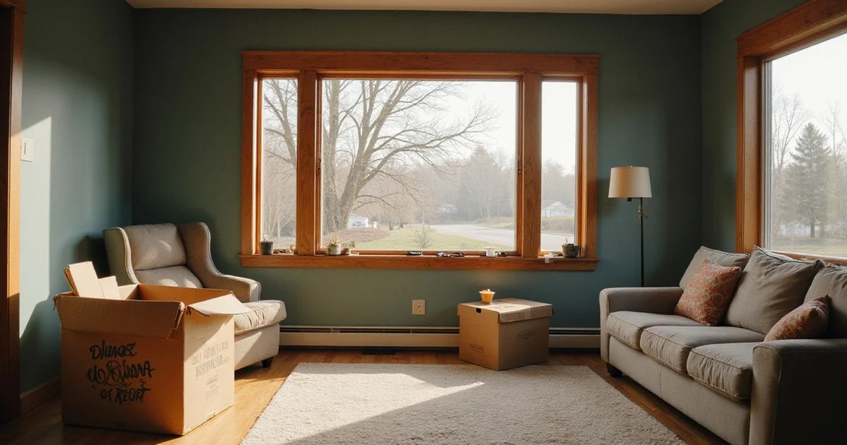 Living room with half-packed moving boxes in a split-level house